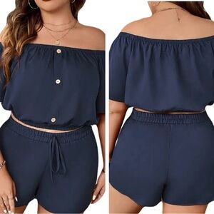 NWOT Elegant Chic Off-Shoulder Two-Piece Set Navy Blue Sz 3X Lightweight‎ Casual